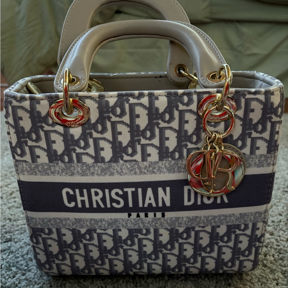 White and Grey Christian Dior Handbag with Red Interior